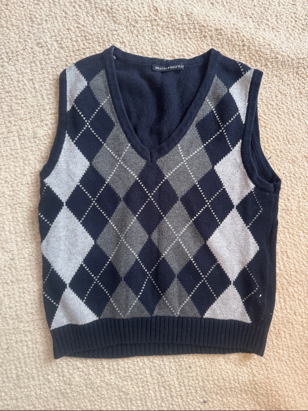 Brandy Melville Navy and Gray Argyle V‑Neck Sweater Vest